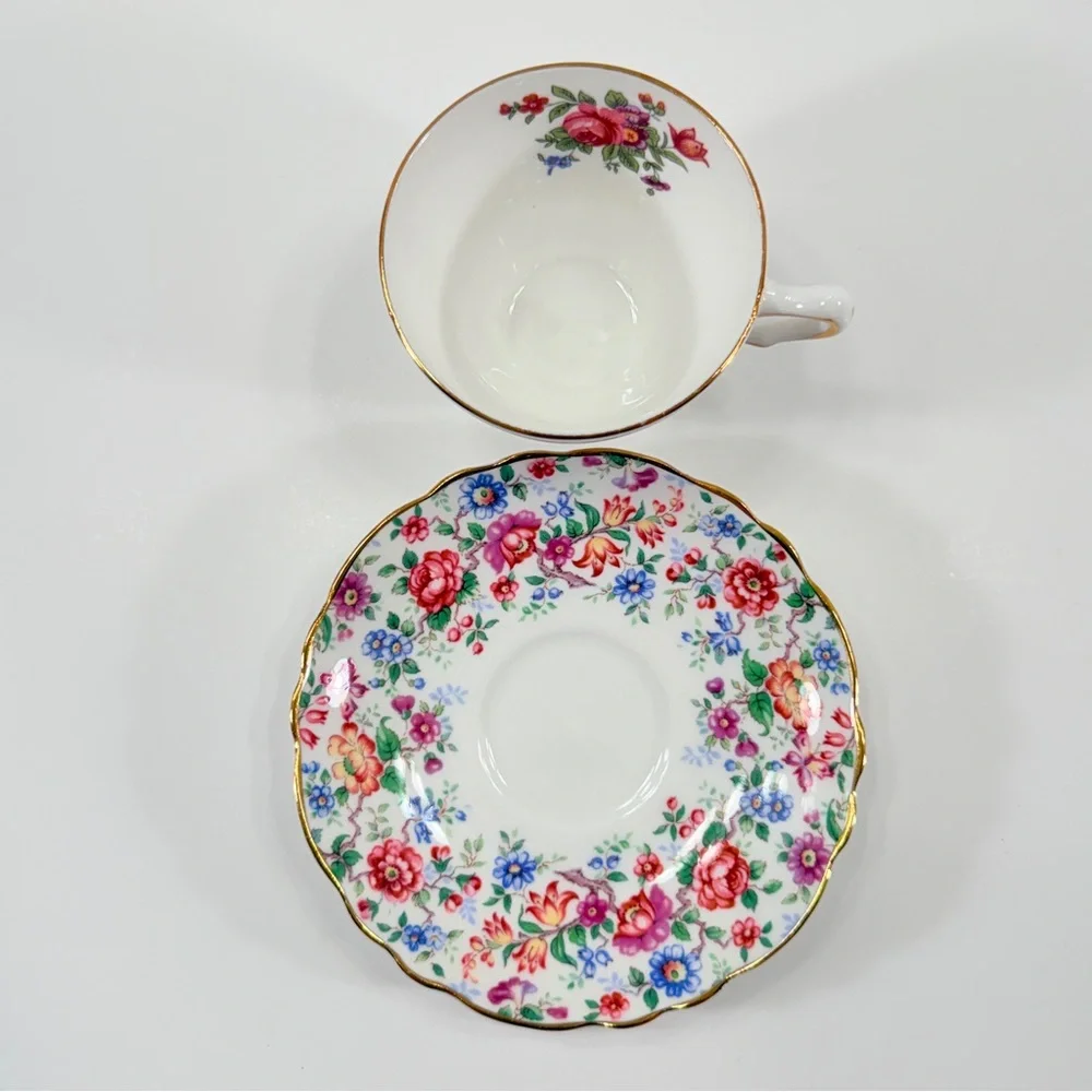 Crown Staffordshire England Fine Bone China Floral Gold Trim Teacup Cup & Saucer
